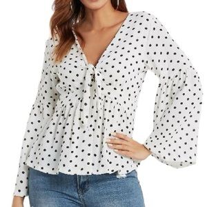 LISTICLE peplum bell long sleeve deep V front bow accent polka dots blouse top